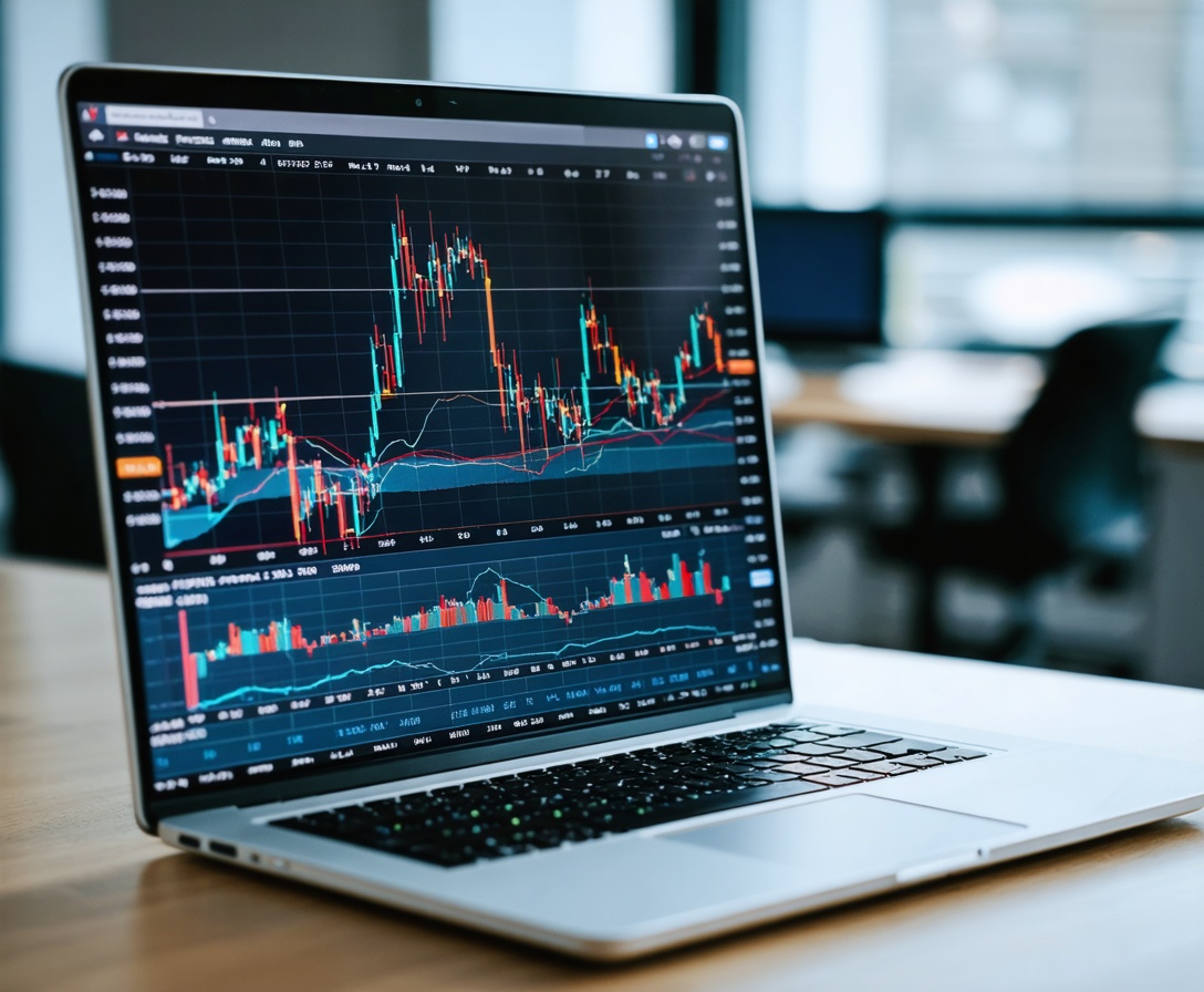 Finančné grafy na obrazovke notebooku