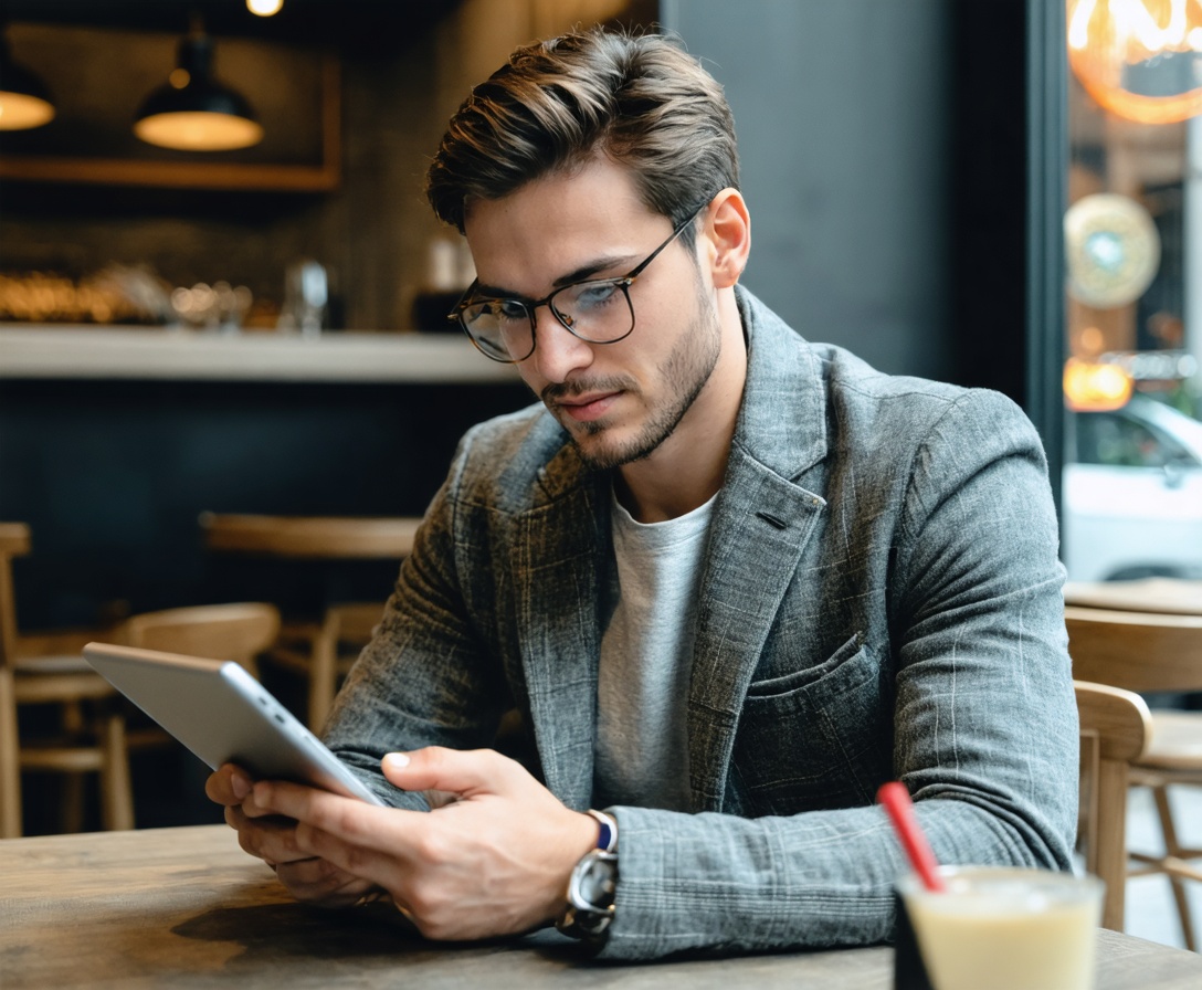 Podnikateľ analyzujúci dáta v modernej kaviarni