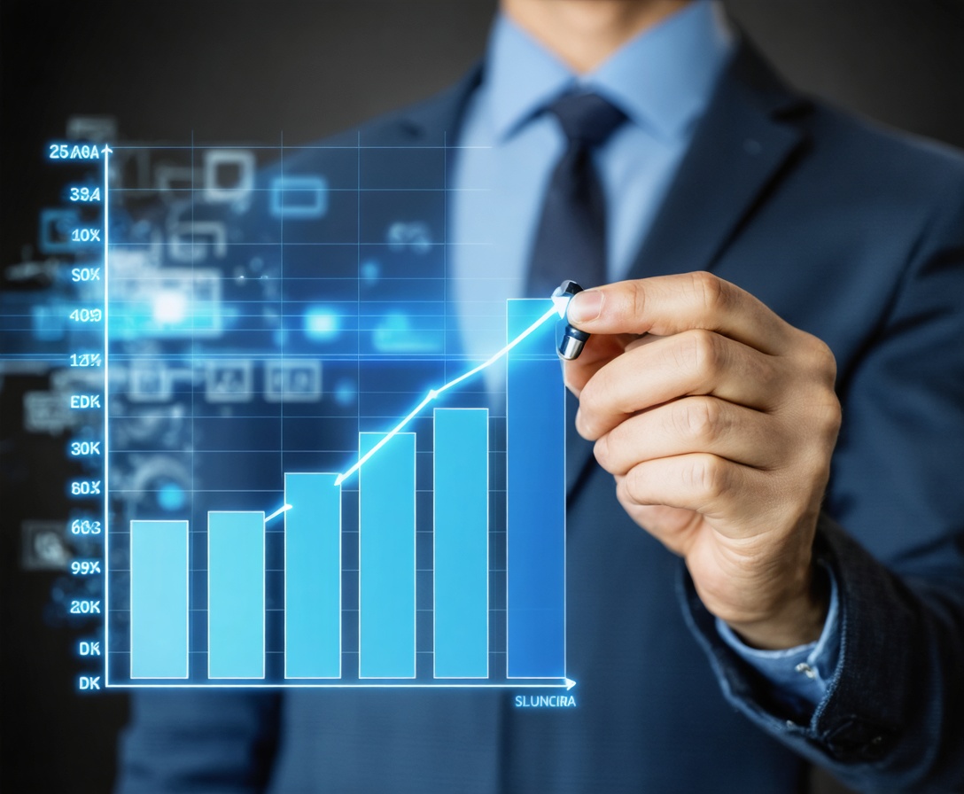 Podnikateľ kreslí graf rastu na sklenenú tabuľu v modernej kancelárii